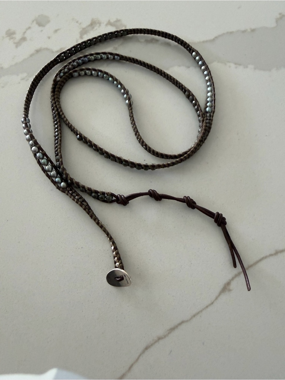 Chan Luu Brown Braided Leather Wrap with Blue Grey FWP & Faceted Pyrite 35” - Picture 2 of 13